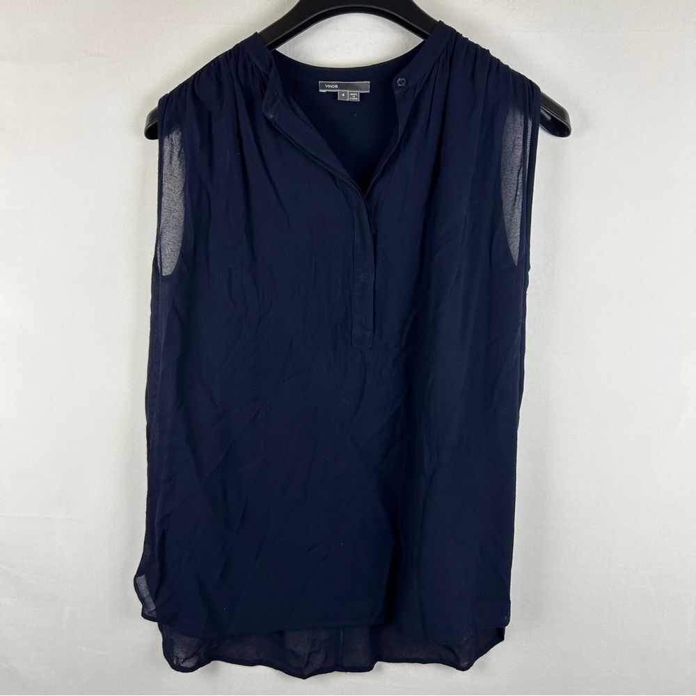 Vince 1/4 button sleeveless silk blouse navy size 4